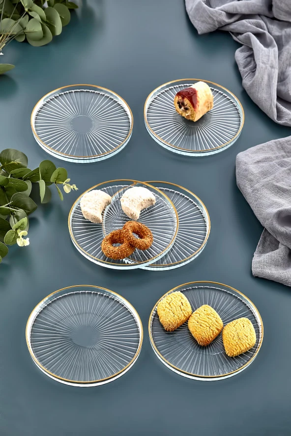 6' lı Cam Kek Pasta Tabağı Seti - Yaldızlı Lüks Pasta Takımı(16CM) ürün görseli 1