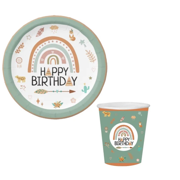 Retro Happy Bırthday Temalı Karton Tabak Bardak 8 li ürün görseli 1