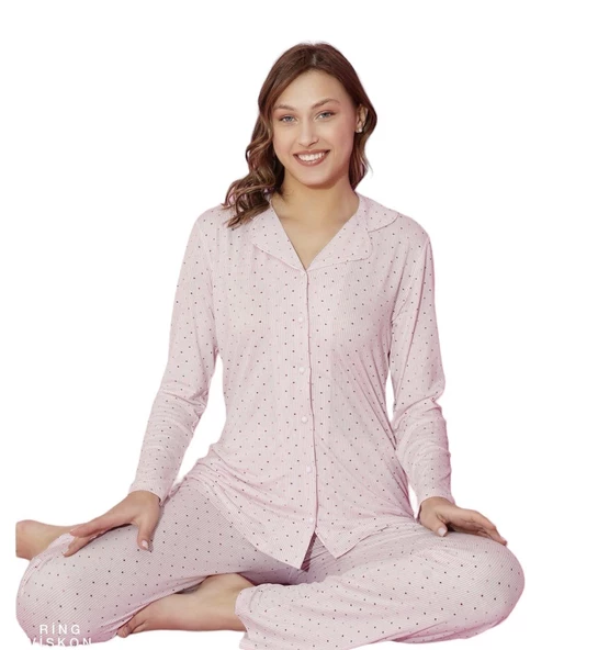 Tarık Kadın Pembe Viskon Uzun Kollu Düğmeli Güpürlü Pijama Takımı 6100-9 ürün görseli 1