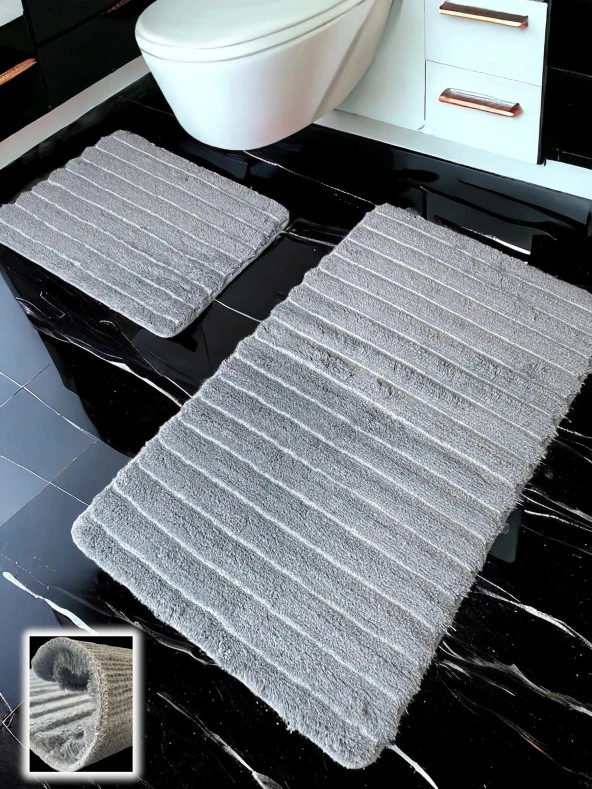 Shalta Koyu Gri 2li Banyo Paspası (60x100 50x60 cm) ürün görseli 1