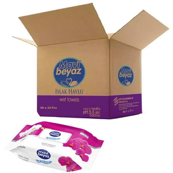 Mavi Beyaz Islak Havlu Mendil 90 Yaprak Orkide 24 Lü Set Plastik Kapaklı  (2160 Yaprak) ürün görseli 1