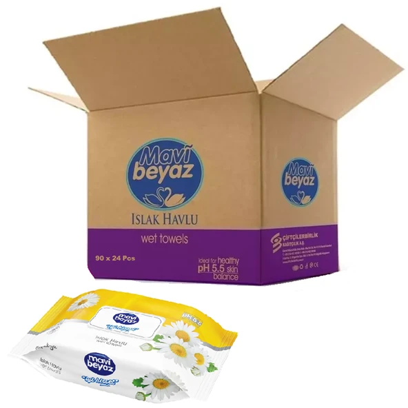 Mavi Beyaz Islak Havlu Mendil 90 Yaprak Papatya 24 Lü Set Plastik Kapaklı (2160 Yaprak) ürün görseli 1