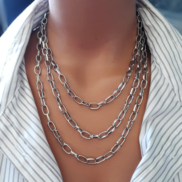 Bijustore Gümüş Renk Bakla Zincir 3 Sıra Kadın Kolye ürün görseli 1