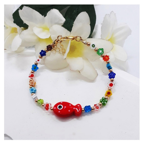 Bijustore Murano Cam Karışık Renk Çiçek & Kırmızı Balık Boncuk Kadın Bileklik ürün görseli 1