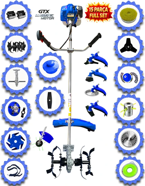 German E-9900 15 Pcs Full Set Yan Tipi Benzinli Tırpan + Toprak Eşeleme + Akrobat Çapa Roket Başlık ürün görseli 1