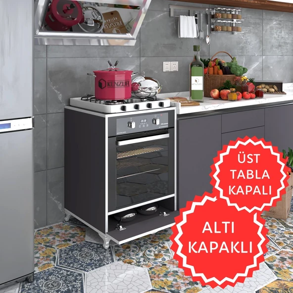 Kenzlife ankastre modülü kabini krom gri fırın ocak dolabı kapaklı ayaklı sabit tabla ürün görseli 1