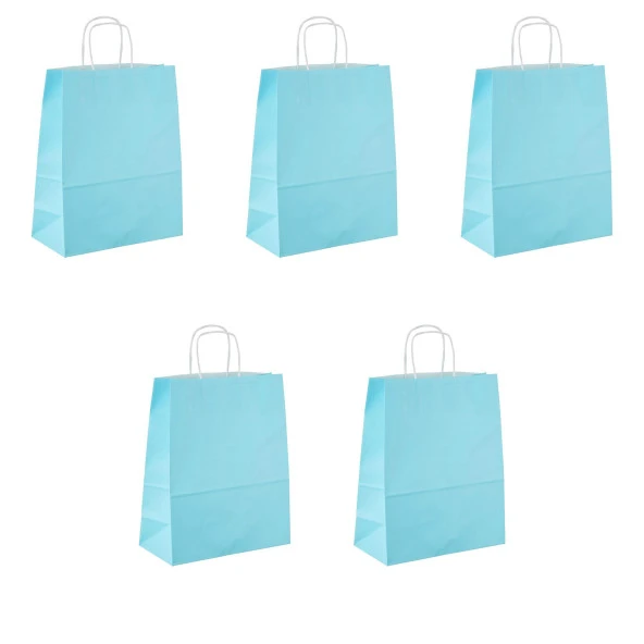 Büküm Saplı Kraft Kağıt Karton Hediyelik Çanta Poşet Torba - Mavi - 25x31 Cm. - 5 Adetlik 1 Paket ürün görseli 1
