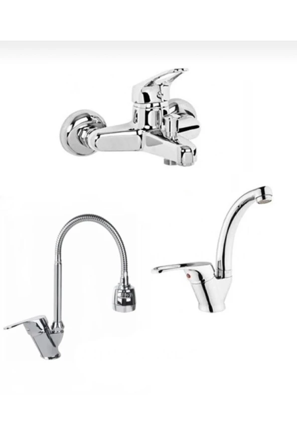 Moonshop 3 Lü Set Banyo Bataryası Kobarlı Oynar Başlıklı Mutfak Evye Bataryası Ve Kuğu Lavabo Btaryası ürün görseli 1