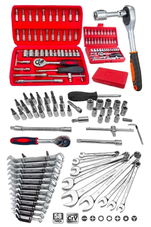 Moonshop 58 Parça 46Mini Lokma Takımı Otomatik Cırcırlı 1/4" 12 Parça Kombine Açık Ağız-Yıldız Anahtar Takım ürün görseli 1