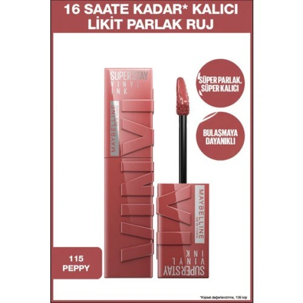 Maybelline New York Super Stay Vinyl Ink Uzun Süre Kalıcı Likit Parlak Ruj 115 Peppy ürün görseli 1