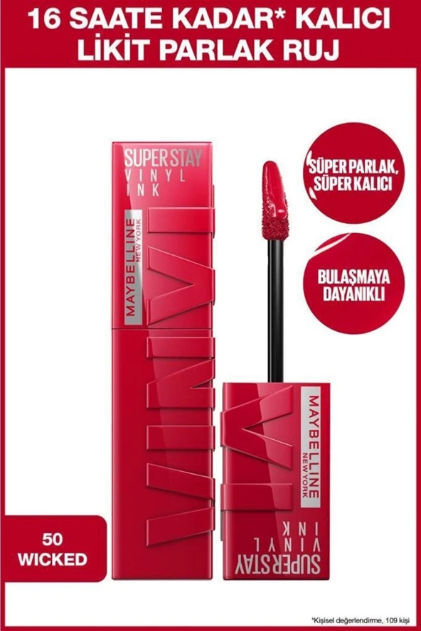 Maybelline New York Super Stay Vinyl Kalıcı Likit Parlak Ruj 50 Wicked ürün görseli 1