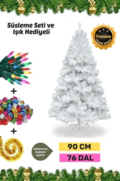 Premium Süsleme Seti Yılbaşı Beyaz Çam Ağacı Renkli Işığı Yeni Yıl Süsleri Noel Paketi 90 Cm 76 Dal ürün görseli 1