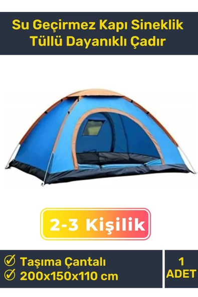 Premium Su Geçirmez Kapı Sineklik Tüllü Dayanıklı Kumaş Pratik Kolay Kurulum 2-3 Kişilik Kamp Çadırı ürün görseli 1