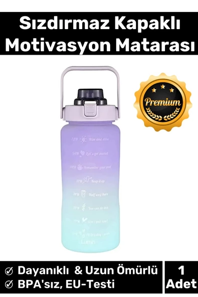 Premium Çift Renk Ölçü Baskılı Sızdırmaz Akmaz Motivasyon Matara Suluk Sağlıklı Plastik 2 Lt Su Şişe ürün görseli 1
