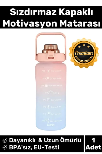 Premium Çift Renk Ölçü Baskılı Sızdırmaz Akmaz Motivasyon Matara Suluk Sağlıklı Plastik 1 Lt Su Şişe ürün görseli 1