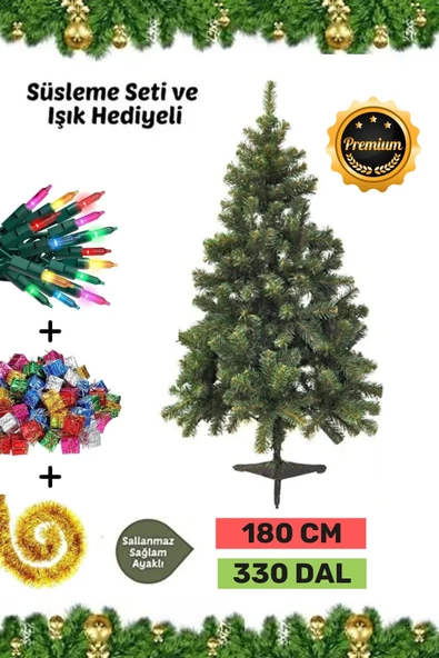 Premium Kutu Süsleme Seti Yılbaşı Çam Ağacı Renkli Işığı Yeni Yıl Süsleri Noel Paketi 180 Cm 330 Dal ürün görseli 1