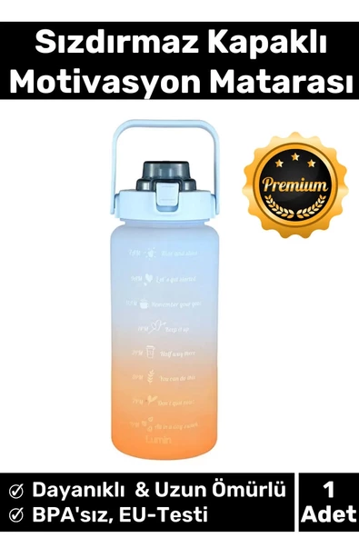 Premium Çift Renk Ölçü Baskılı Sızdırmaz Akmaz Motivasyon Matara Suluk Sağlıklı Plastik 2 Lt Su Şişe ürün görseli 1