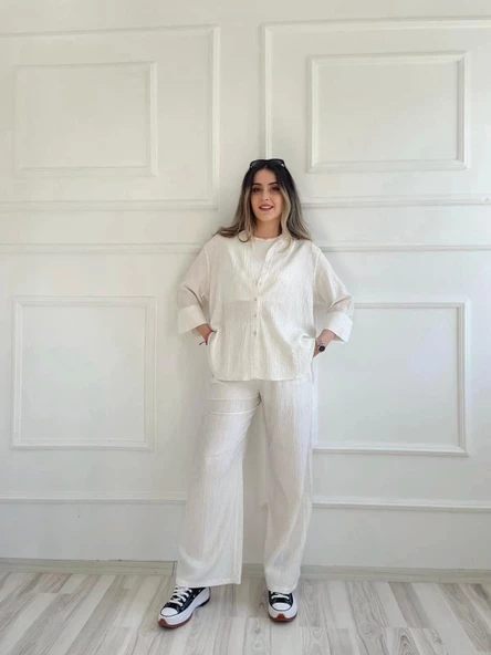 Kadın Krinkıl Kumaş Pantolon Ekru - Resim 3