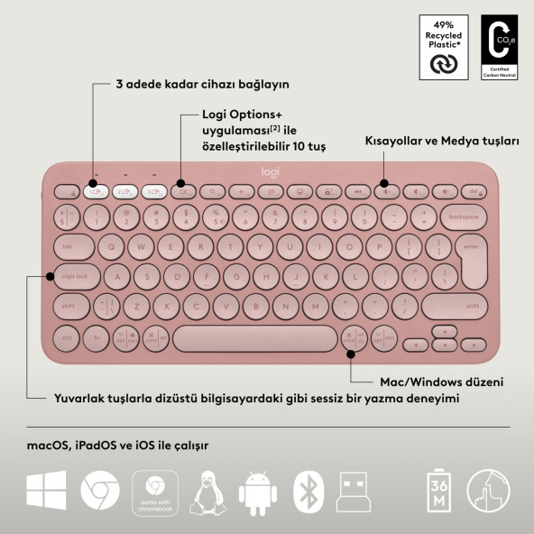 Logitech Pebble 2 Combo 920-012247 Pembe TKL Kablosuz Klavye Mouse Seti - Resim 2