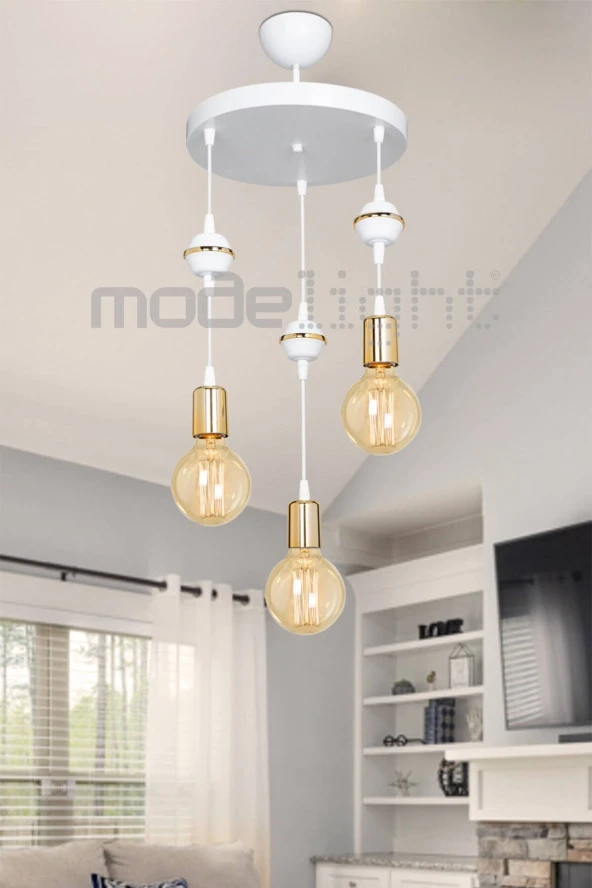 Modelight Akses 3lü Beyaz Gold Dekoratif Avize Salon-oturma-çocuk-yatak Odası-yemek Odası-antre-mutfak ürün görseli 1
