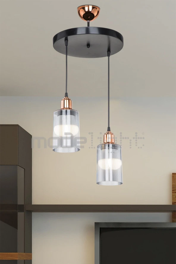 Modelight Aksel Bakır Duylu 2li Optik Camlı Avize - Resim 3