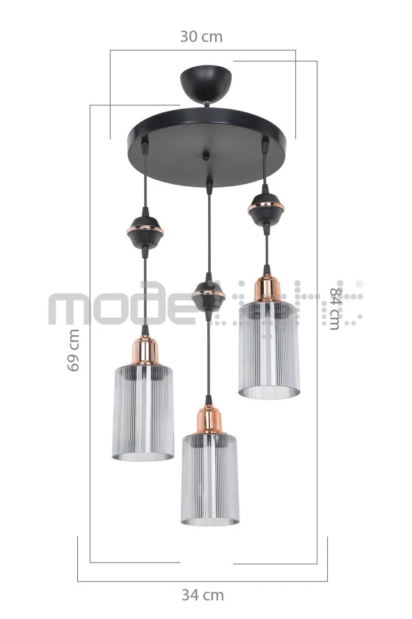 Modelight Akses Küre / Karo 3lü Optik Camlı Avize - Resim 2