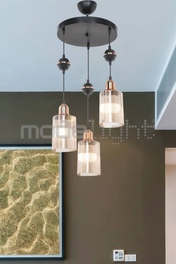 Modelight Akses Küre / Karo 3lü Optik Camlı Avize - Resim 2