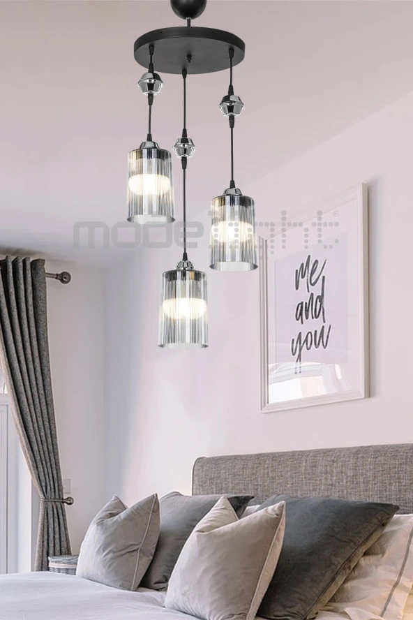 Modelight Ceylin 3lü Siyah Optik Füme Camlı Avize ürün görseli 1