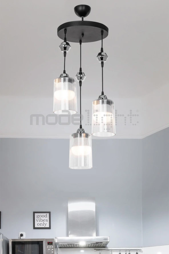 Modelight Ceylin 3lü Siyah Optik Şeffaf Camlı Avize ürün görseli 1