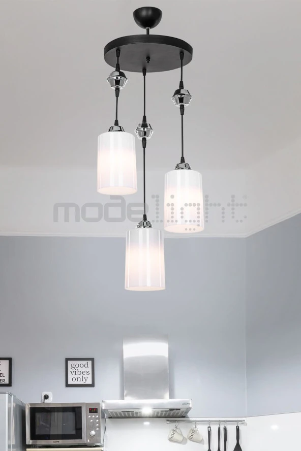 Modelight Ceylin 3lü Siyah Optik Opal Camlı Avize - Resim 2