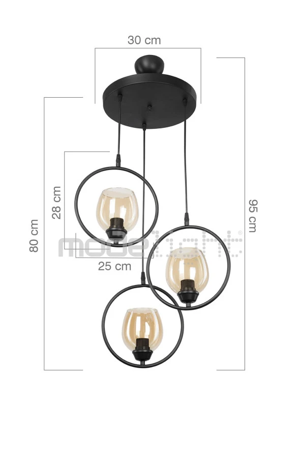 Modelight Karelya Üçlü Avize Siyah - Bal Cam - Resim 3
