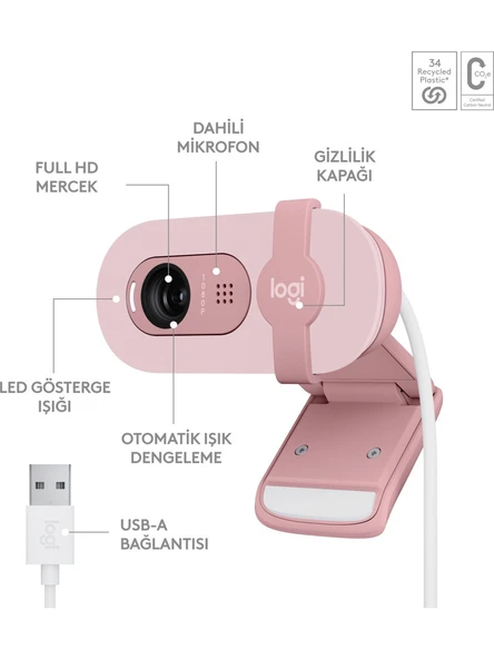 Logitech Brio 100 Pembe Full HD 1080P Mikrofonlu Webcam - Resim 2
