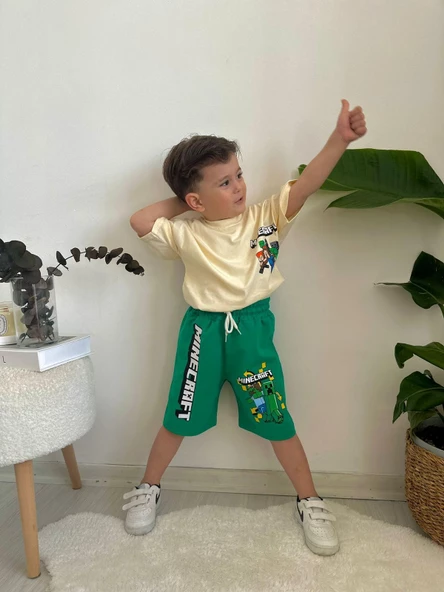 ERKEK ÇOCUK MINECRAFT PAMUK DESENLİ ŞORTLU TAKIM ürün görseli 1