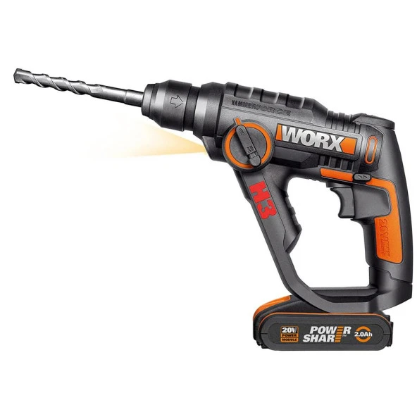 WORX WX390.1 20Volt 2.0Ah. Li-ion 1.2J Profesyonel SDS-Plus Pnömatik Çift Akülü Şarjlı Matkap + 8 Adet Uç + Mandren ürün görseli 1