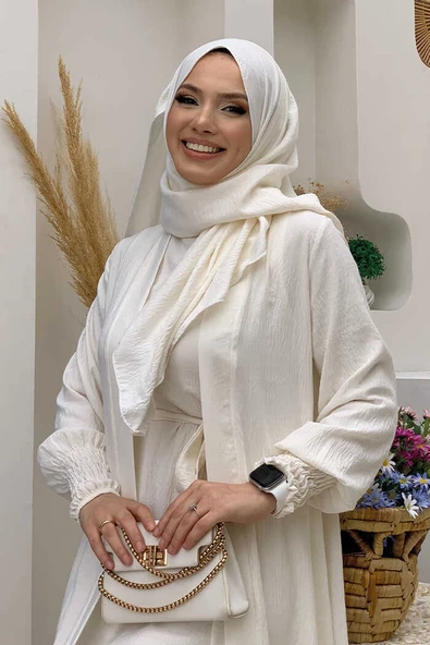 Elbiseli Abaya Takım ŞAL HEDİYE  3883 Ekru - Resim 4