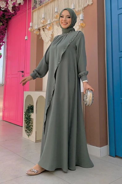 Çapraz Parça Görünümlü İncili Elbise 3879 Mint - Resim 8