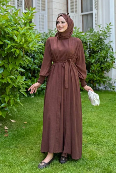 Elbiseli Abaya Takım ŞAL HEDİYE  3883 Kahverengi ürün görseli 1