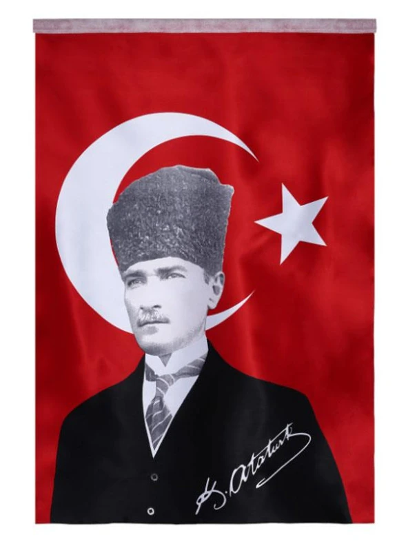 Türk Bayrağı Kalpaklı Atatürk Posterli Saten Türk Bayrağı K.Atatürk İmzalı Türk Bayrağı 70x100 ürün görseli 1