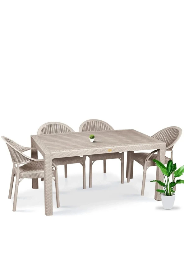 Almina Rattan Masa Takımı 90x150 Camsız Masa 4 Kişilik Bambu Sandalye Seti Bahçe Balkon Teras Takımı ürün görseli 1