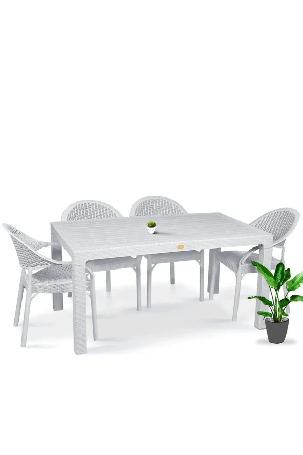 Almina Rattan Masa Takımı 80x140 Camsız Masa 4 Kişilik Bambu Sandalye Seti Bahçe Balkon Teras Takımı ürün görseli 1
