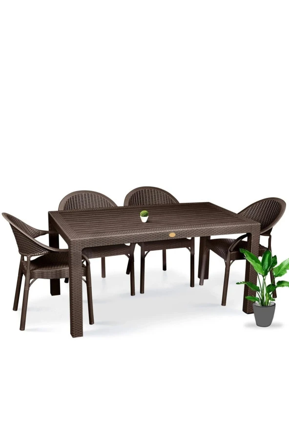 Almina Rattan Masa Takımı 90x150 Camsız Masa 4 Kişilik Bambu Sandalye Seti Bahçe Balkon Teras Takımı ürün görseli 1