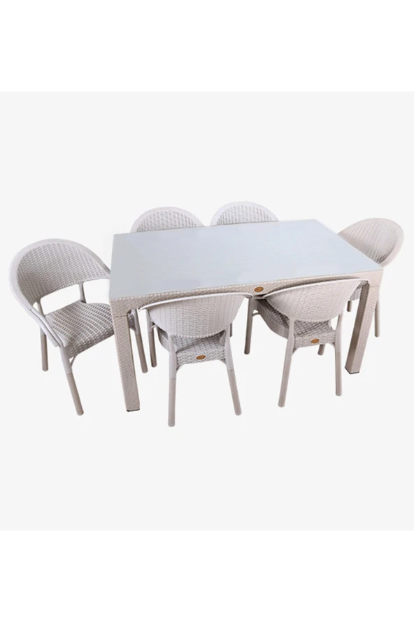 Almina Rattan Masa Takımı 80x140 Camlı Masa 6 Kişilik Bambu Sandalye Seti Bahçe Balkon Teras Takımı ürün görseli 1