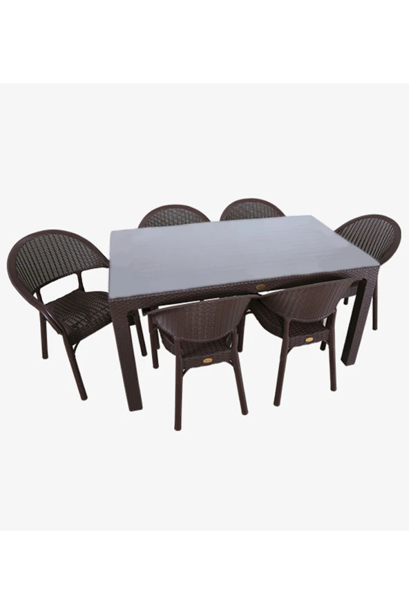 Almina Rattan Masa Takımı 80x140 Camlı Masa 6 Kişilik Bambu Sandalye Seti Bahçe Balkon Teras Takımı ürün görseli 1
