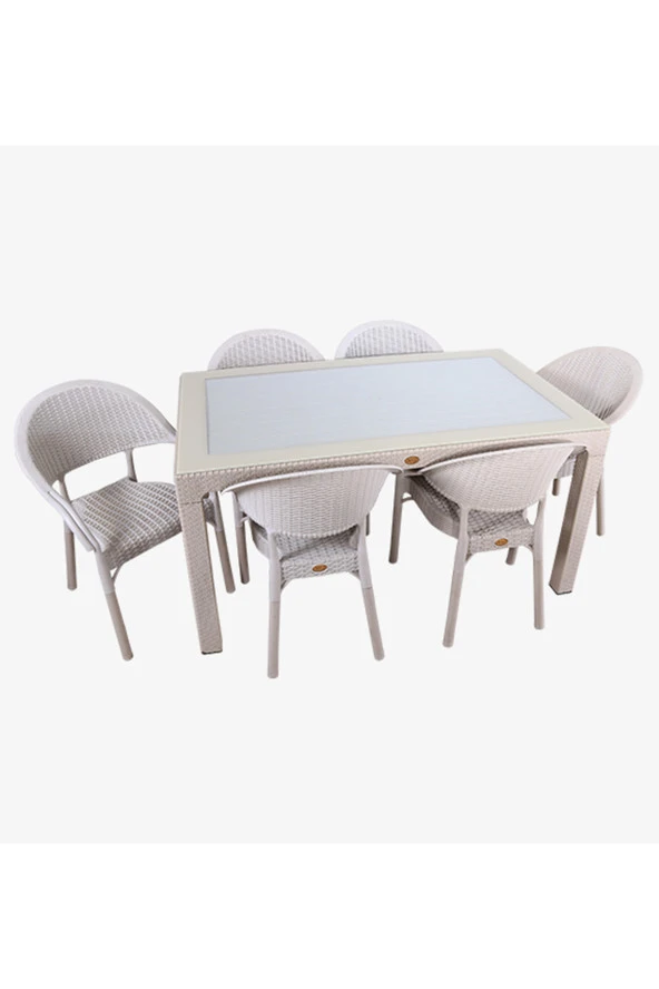 Almina Rattan Masa Takımı 90x150 Camlı Masa 6 Kişilik Bambu Sandalye Seti Bahçe Balkon Teras Takımı ürün görseli 1