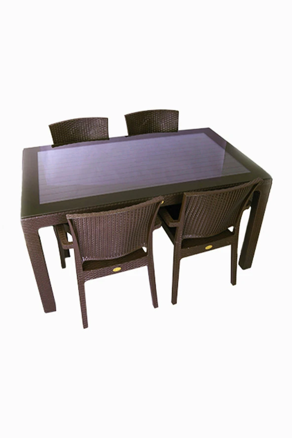 Almina Rattan Masa Takımı 90x150 Camlı Masa 4 Kişilik Rattan Sandalye Seti Bahçe Balkon Teras Takımı ürün görseli 1
