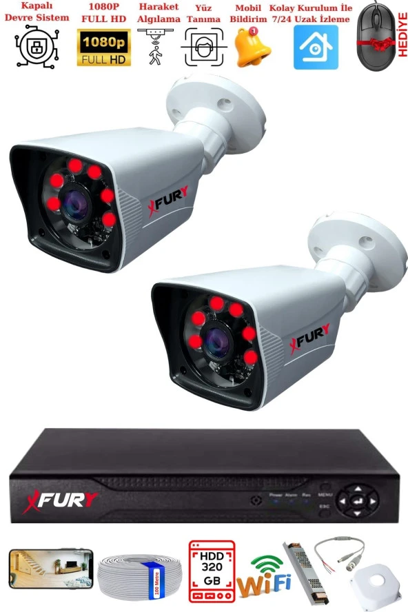 FURY 2 Kameralı 2MP Full HD Görüntü 6 Atom Led Gece Görüşlü Dış Mekan Güvenlik Kamerası Seti 320GB ürün görseli 1