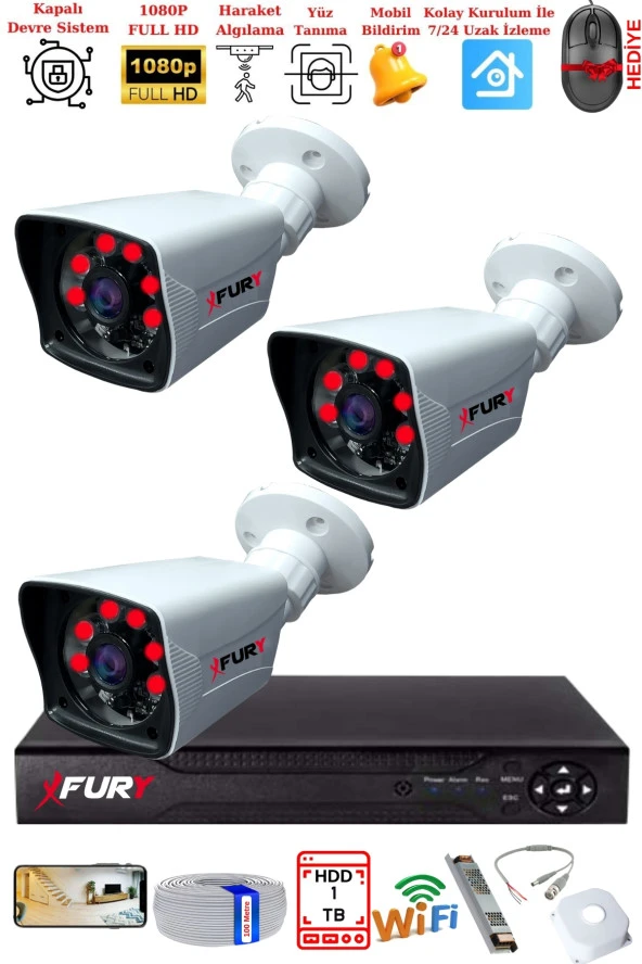 FURY 3 Kameralı 2MP Full HD Görüntü 6 Atom Led Gece Görüşlü Dış Mekan Güvenlik Kamerası Seti 1TB ürün görseli 1