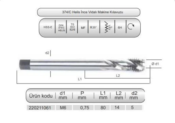 HSSE DIN374/C HELİS MAK.KLVZ. M6x0,75(6H) ürün görseli 1