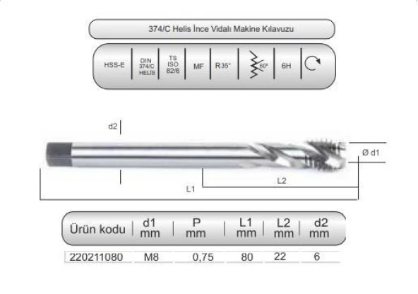 HSSE DIN374/C HELİS MAK.KLVZ. M8x0,75(6H) ürün görseli 1