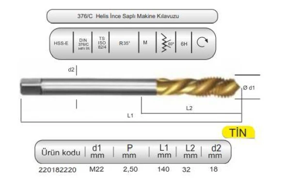 HSSE DIN376/C 35° HELİS M22x2,5 (6H) TİN ürün görseli 1